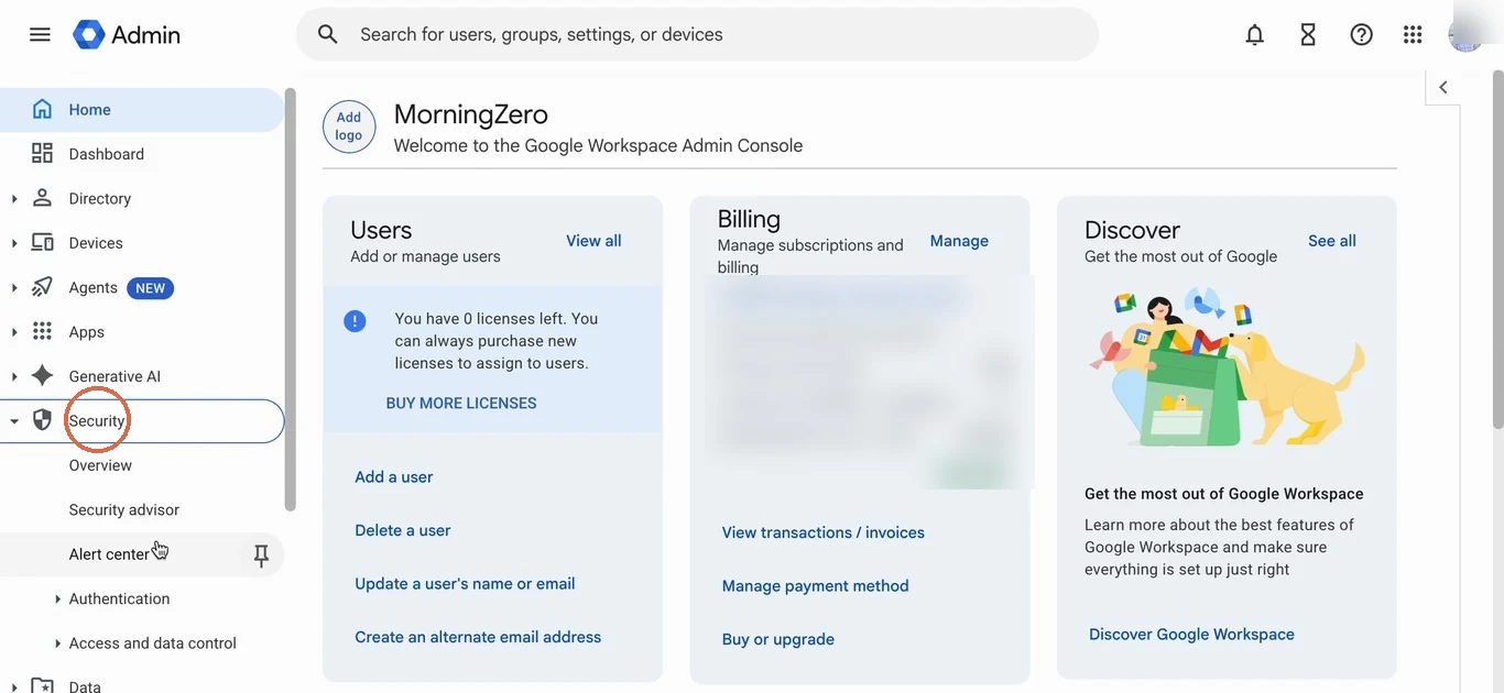 The Google Admin console home with Security circled in the left menu; billing details are blurred