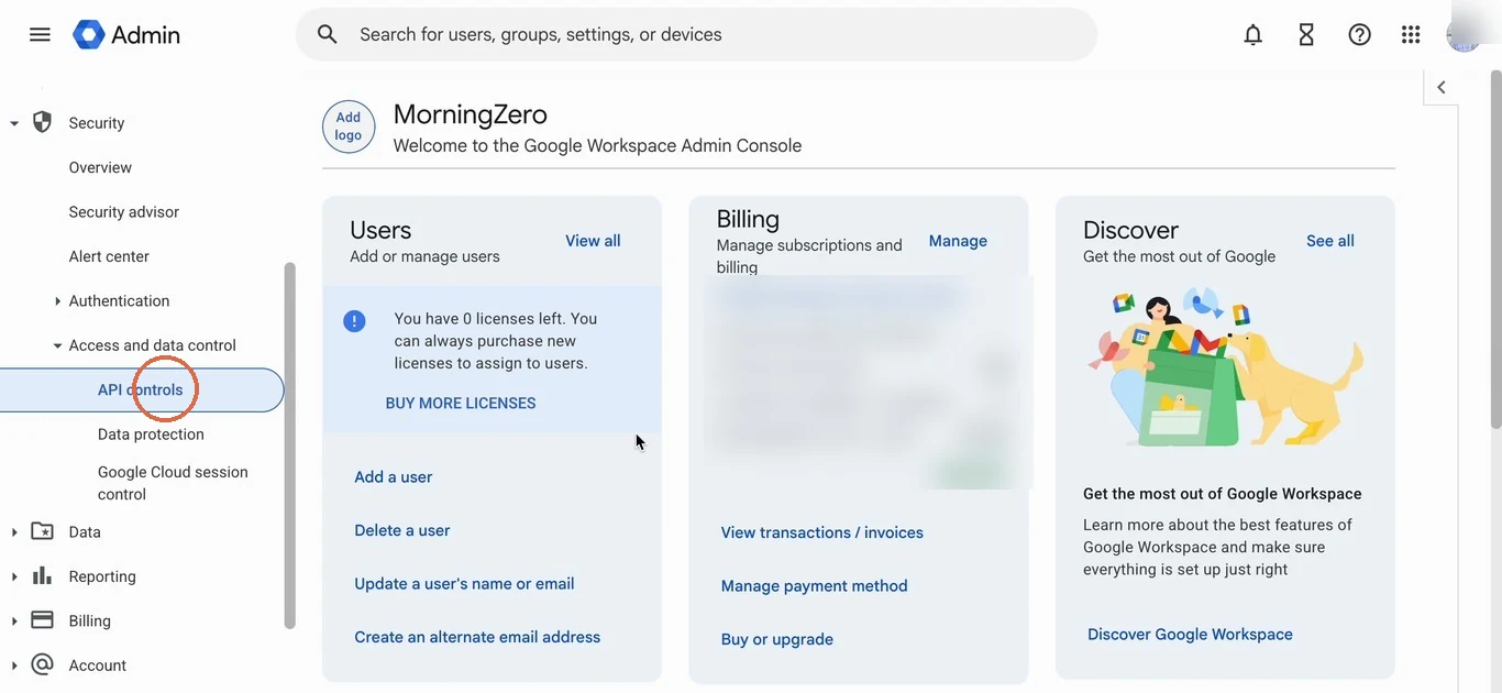 The Security menu expanded, with API controls circled under Access and data control