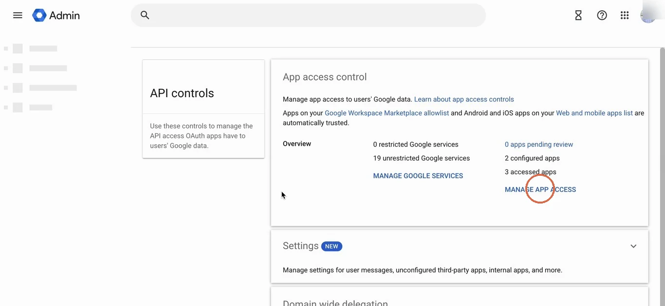 The API controls page with Manage app access circled in the App access control box