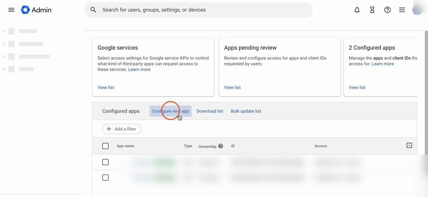 The app access list with Configure new app circled; other configured apps are blurred