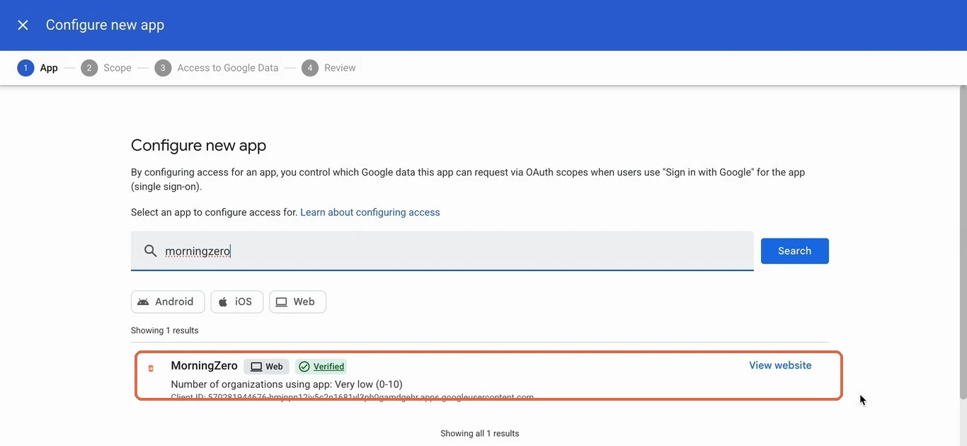 The Configure new app search with morningzero typed and the MorningZero result, marked Verified, outlined