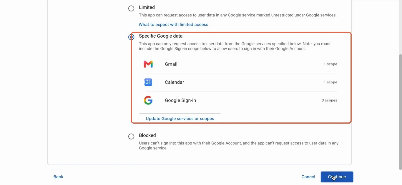 Access to Google Data with Specific Google data selected, listing Gmail with 1 scope, Calendar with 1 scope and Google Sign-in with 3 scopes, and Continue circled