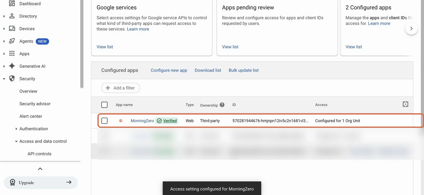 The Configured apps list with the MorningZero row outlined and the confirmation Access setting configured for MorningZero