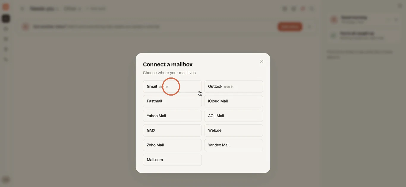 The Connect a mailbox picker with the Gmail tile circled, next to Outlook, iCloud Mail, Yahoo Mail and the rest