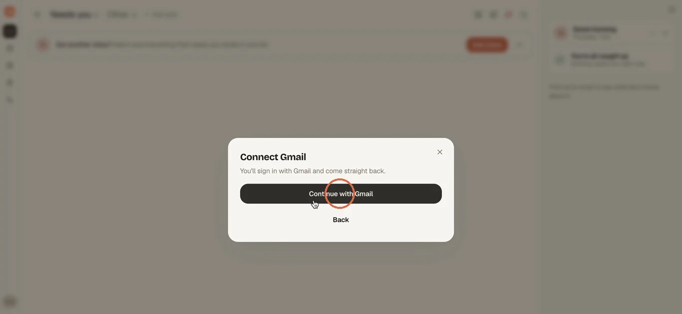 The Connect Gmail dialog with the Continue with Gmail button circled