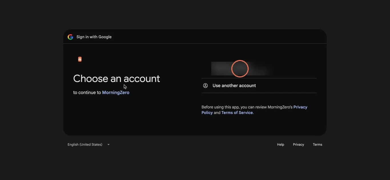 Google's Choose an account screen, to continue to MorningZero, with the account circled; the name and address are blurred