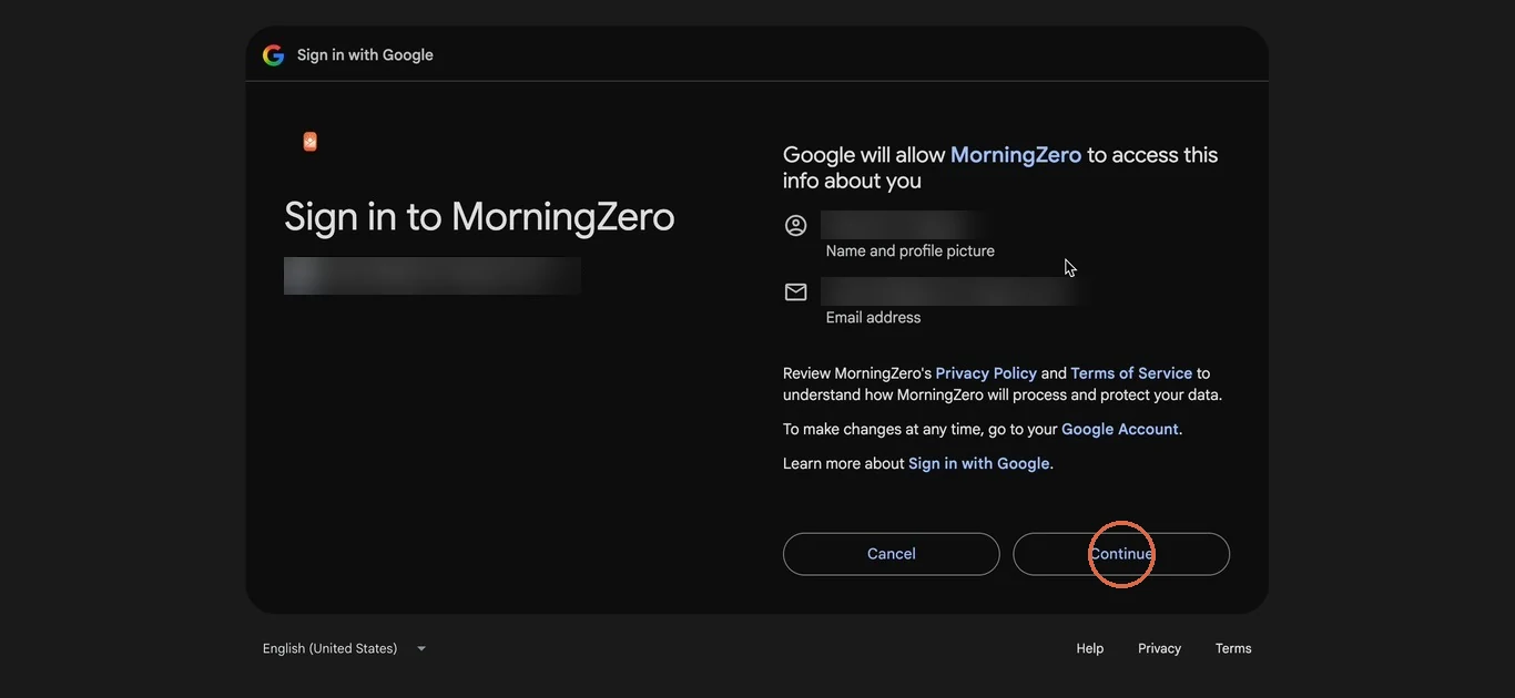 Google's Sign in to MorningZero screen listing name, profile picture and email address, with Continue circled; the account details are blurred