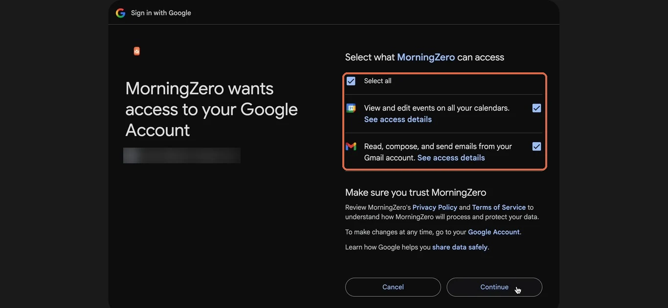 Google's Select what MorningZero can access screen with both boxes ticked, calendar events and Gmail read, compose and send, outlined