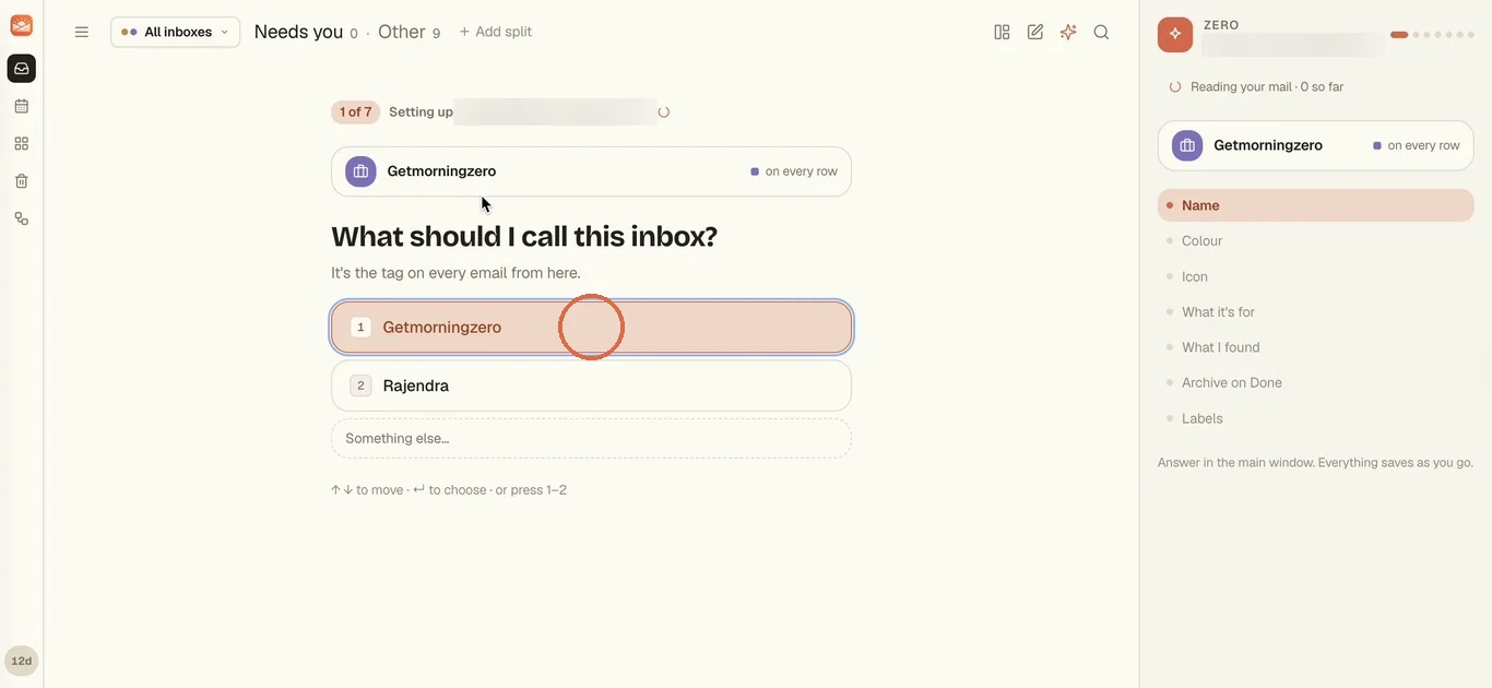What should I call this inbox, with the first suggested name circled; the address being set up is blurred