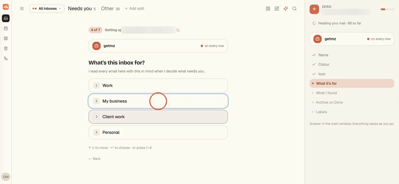 What's this inbox for, with Work, My business, Client work and Personal, and My business circled