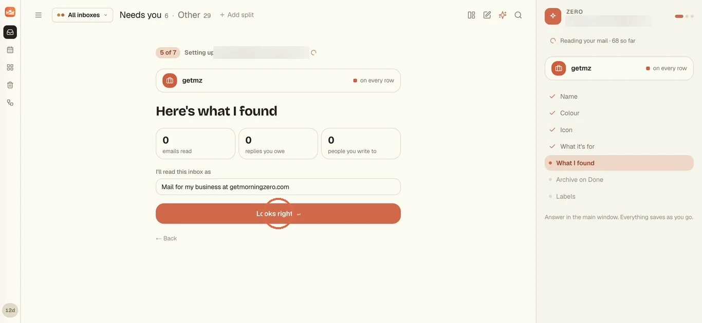 Here's what I found, showing emails read, replies you owe and people you write to, an editable I'll read this inbox as line, and Looks right circled