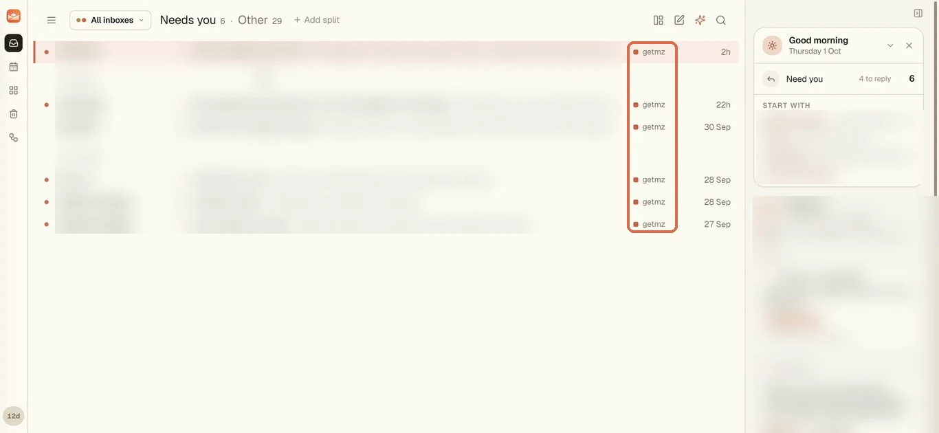 The MorningZero inbox after connecting, with the new inbox's tag circled on every row; senders and subjects are blurred