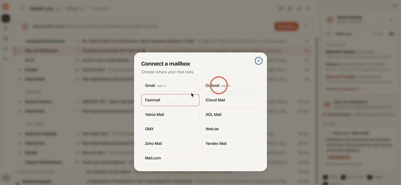The Connect a mailbox picker with the Outlook tile circled, next to Gmail, iCloud Mail, Yahoo Mail and the rest