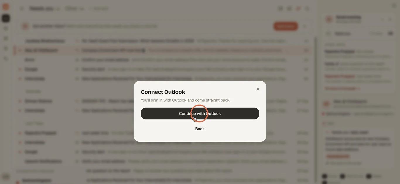 The Connect Outlook dialog with the Continue with Outlook button circled