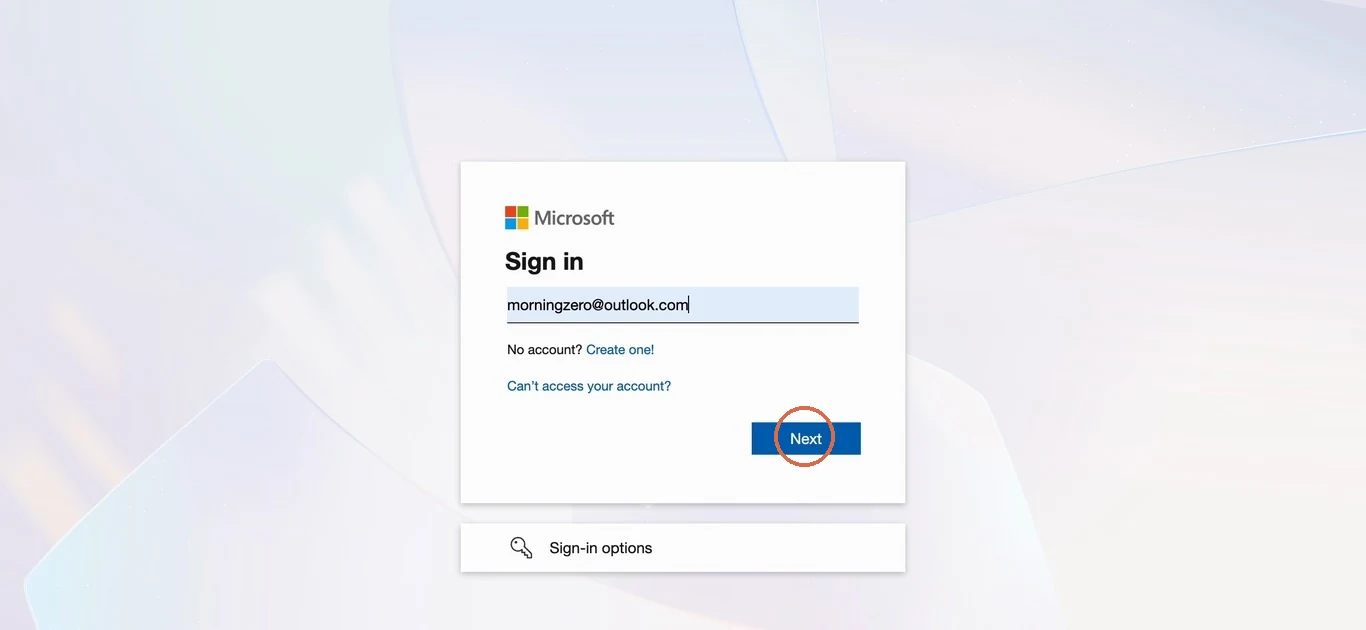 Microsoft's Sign in page with an outlook.com address typed and Next circled