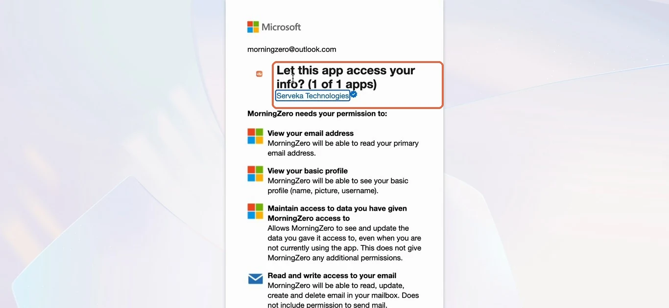 Microsoft's Let this app access your info screen with the title and the Serveka Technologies publisher line outlined