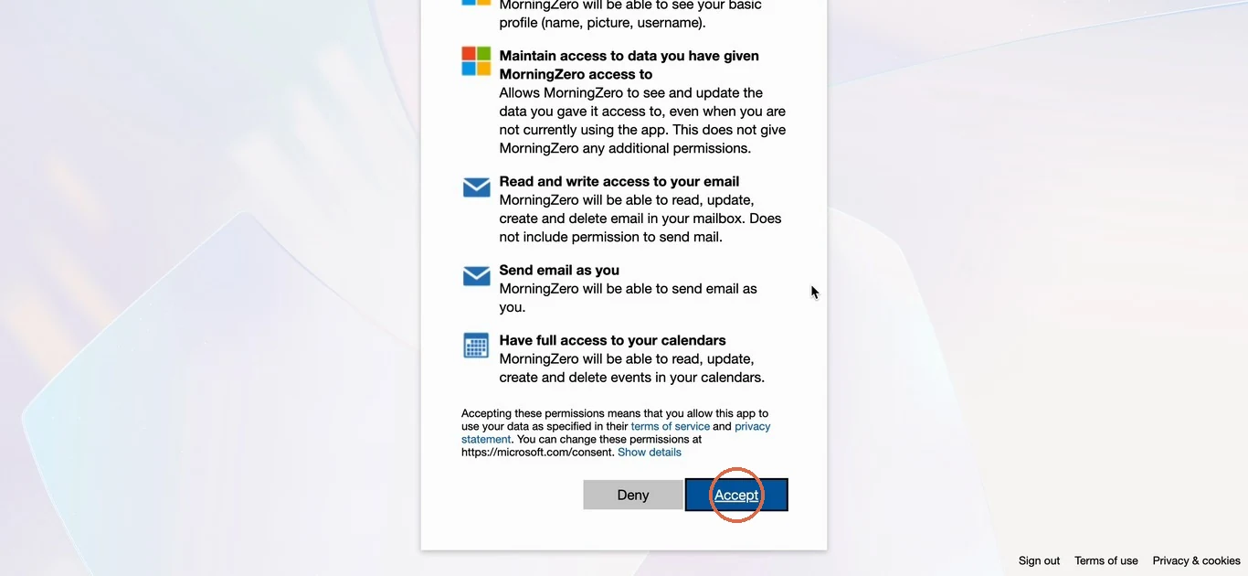 The bottom of Microsoft's permissions list, ending with Have full access to your calendars, and the Accept button circled