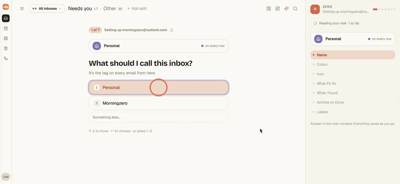 What should I call this inbox, with the suggested name Personal circled