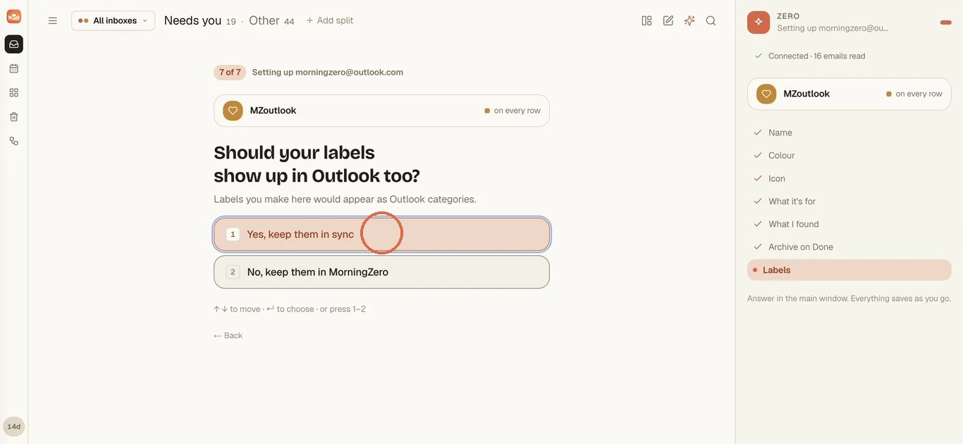 Should your labels show up in Outlook too, with Yes, keep them in sync circled