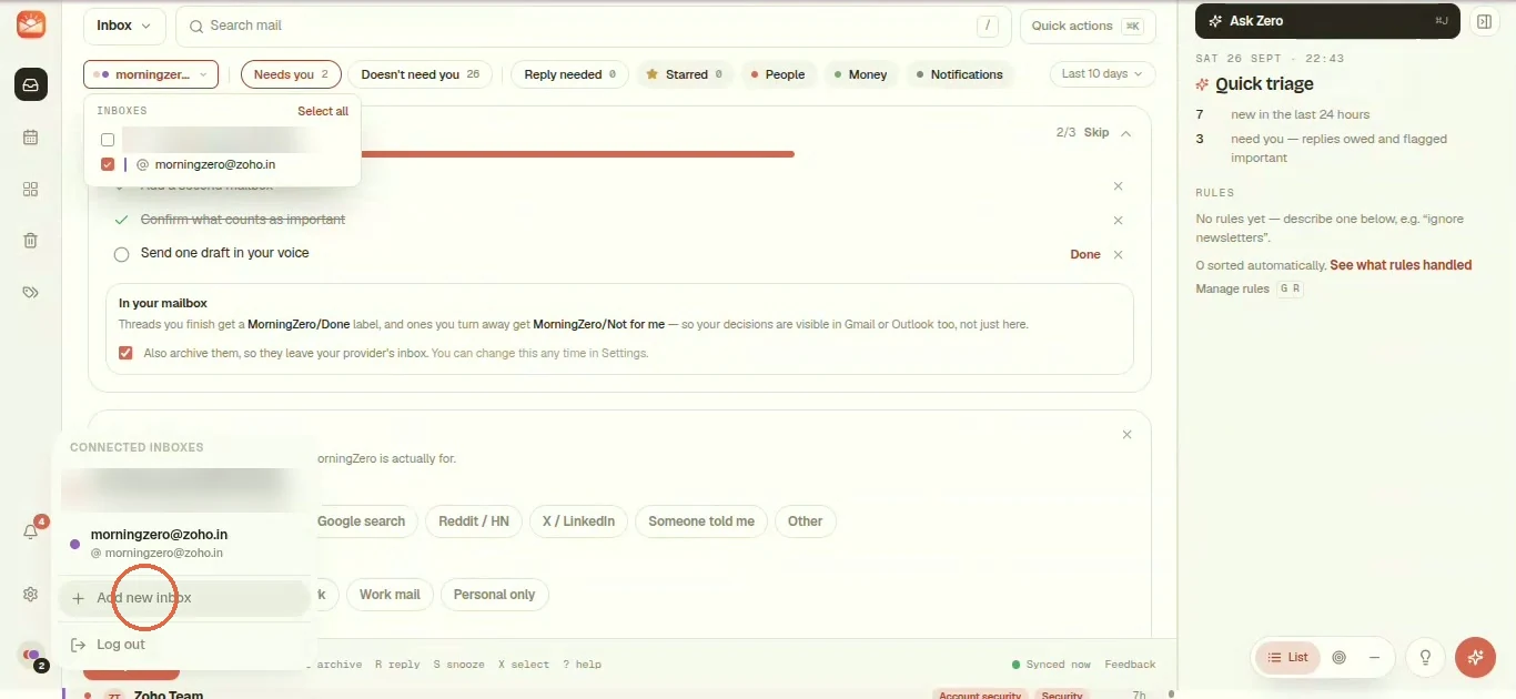 In MorningZero, the inbox switcher is open with Add new inbox circled