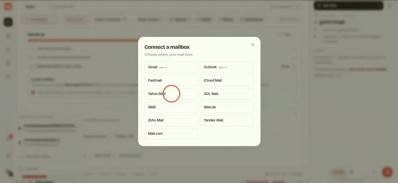 The Connect a mailbox picker with Yahoo Mail circled