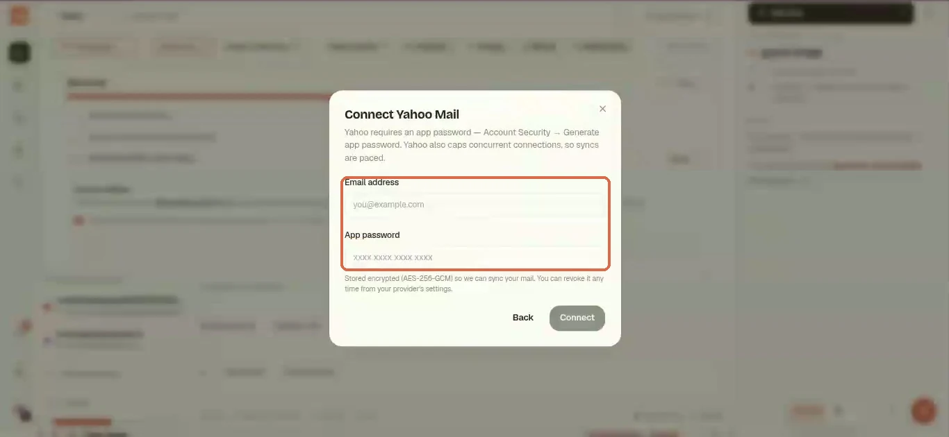 The Connect Yahoo Mail form with an Email address field and an empty App password field