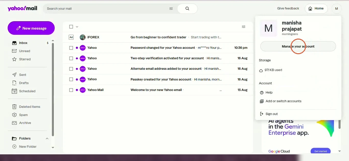 Yahoo Mail with the profile menu open and Manage your account circled
