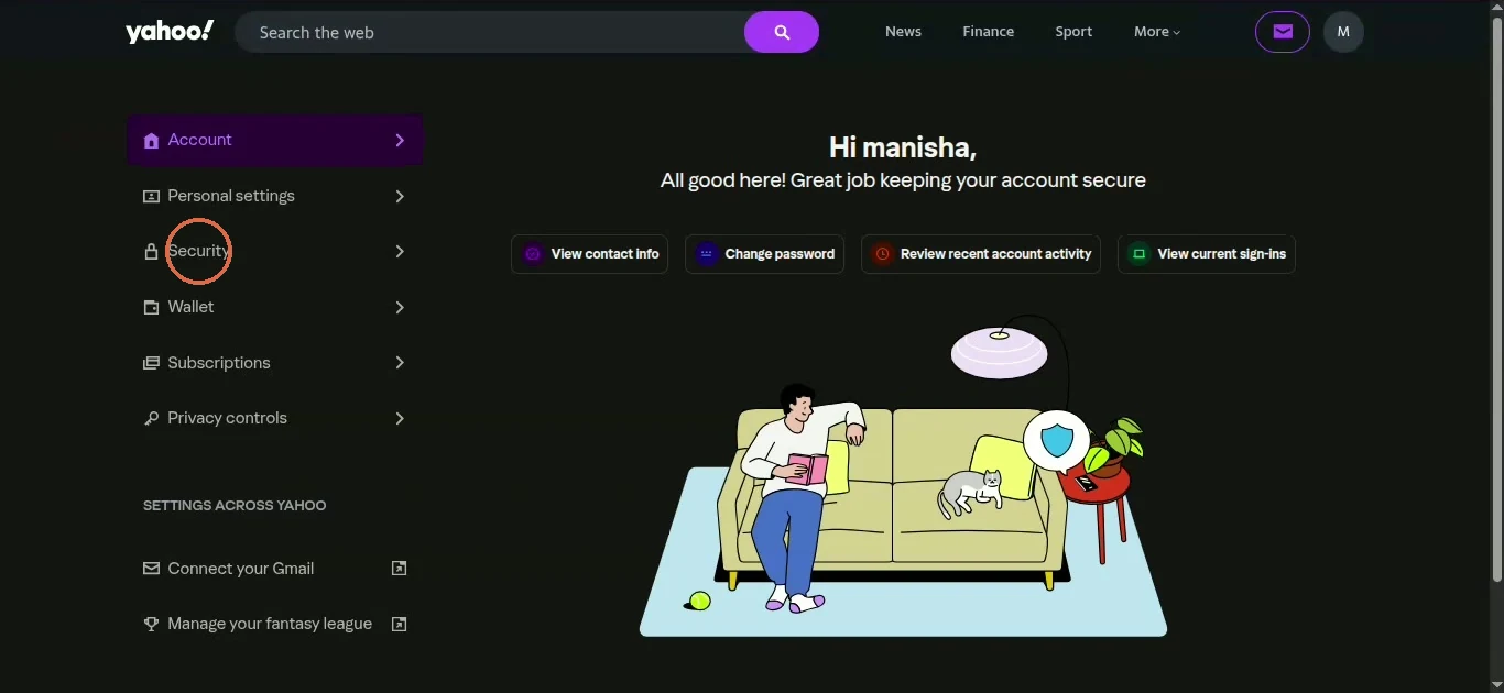 Yahoo account home with Security circled in the left menu