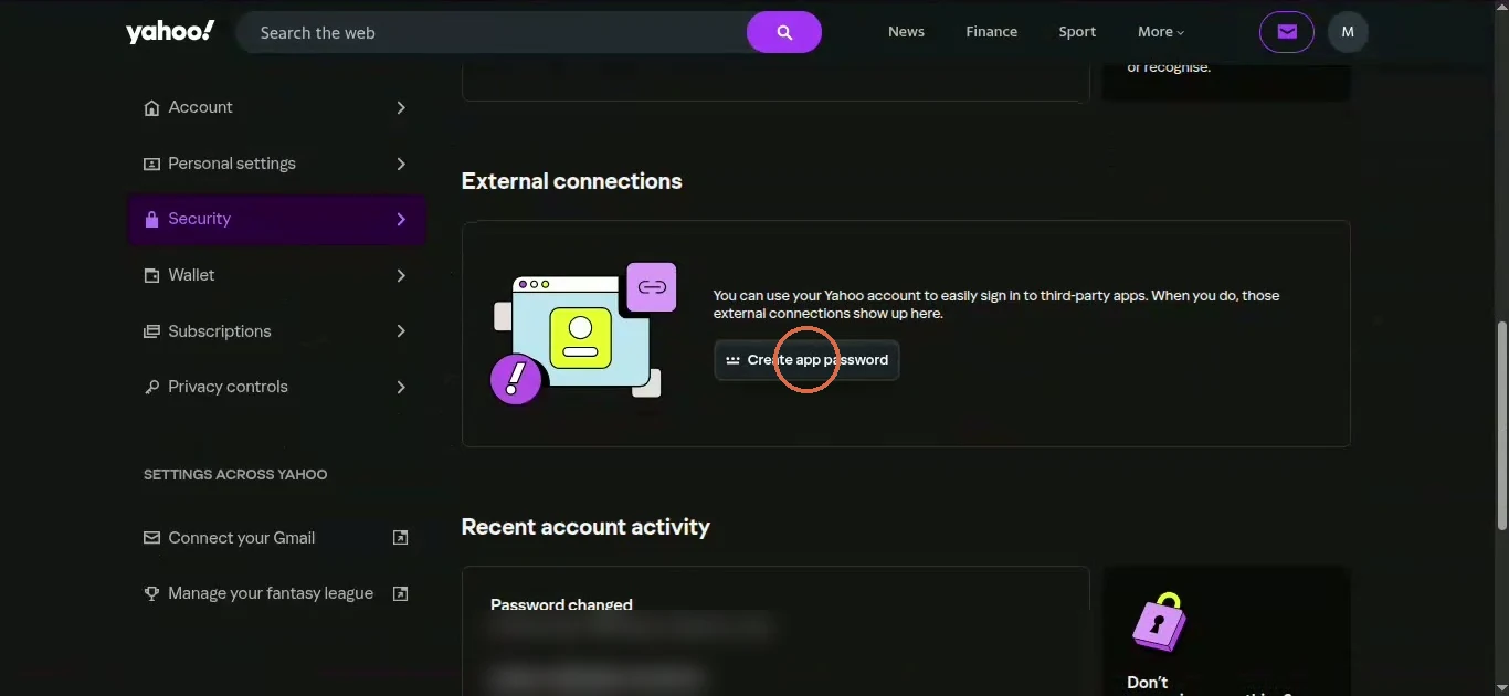 Yahoo's Security page scrolled to External connections, with Create app password circled