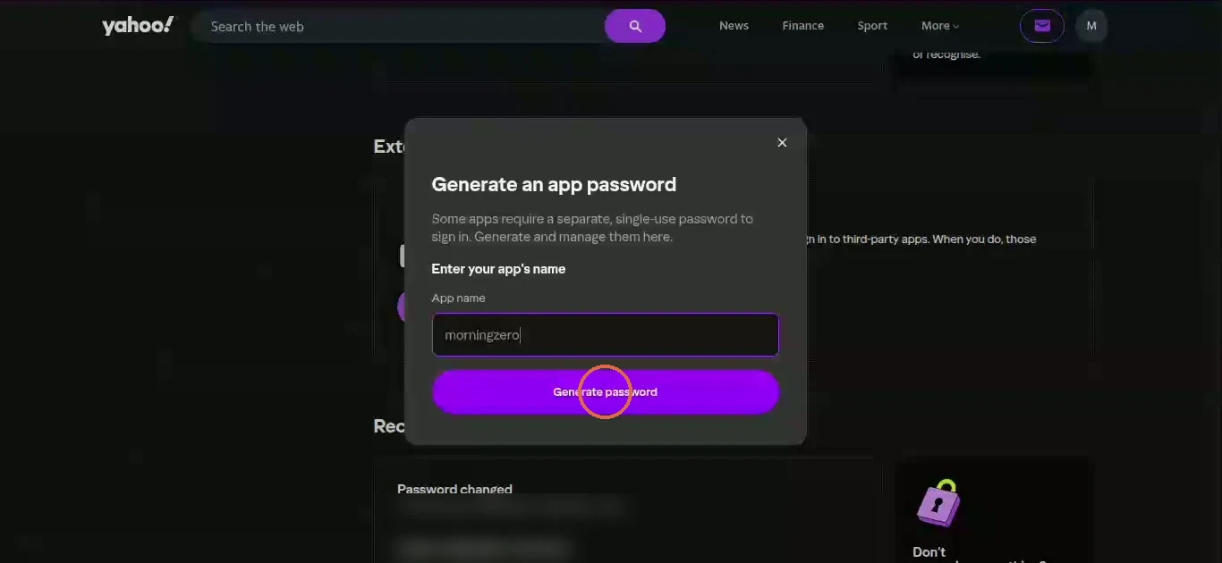 Yahoo's Generate an app password dialog with a name typed and Generate password circled