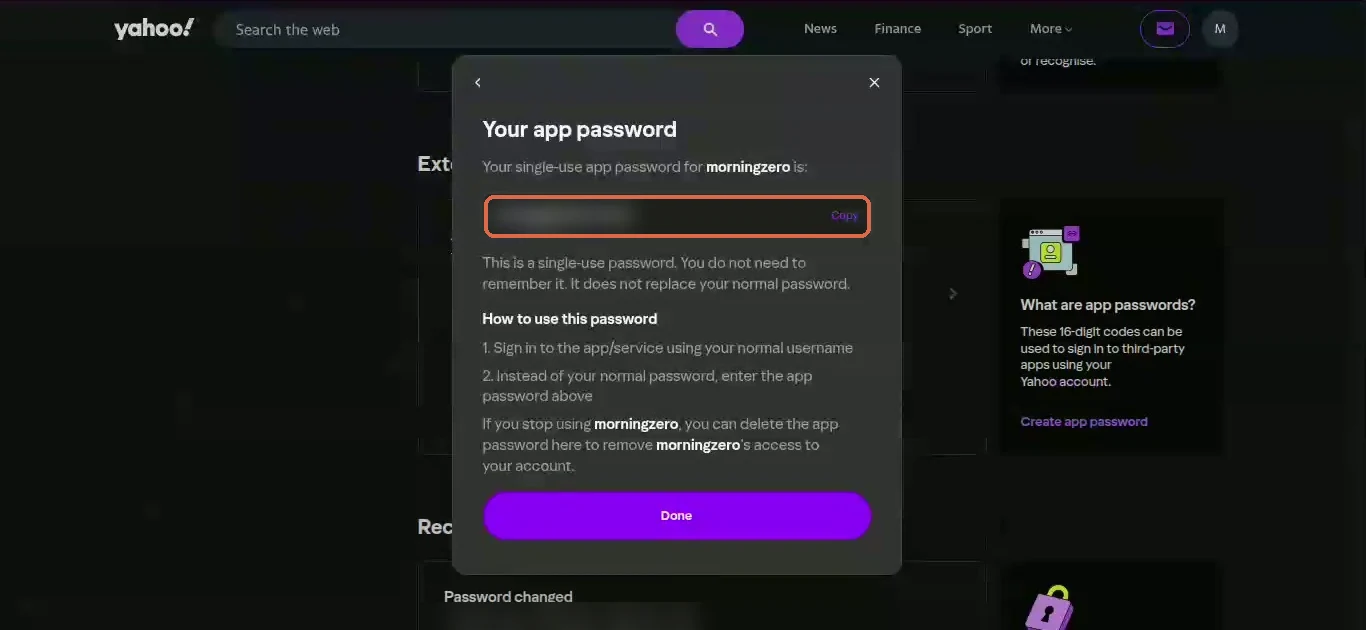 Yahoo showing Your app password, blurred, with the Copy button circled