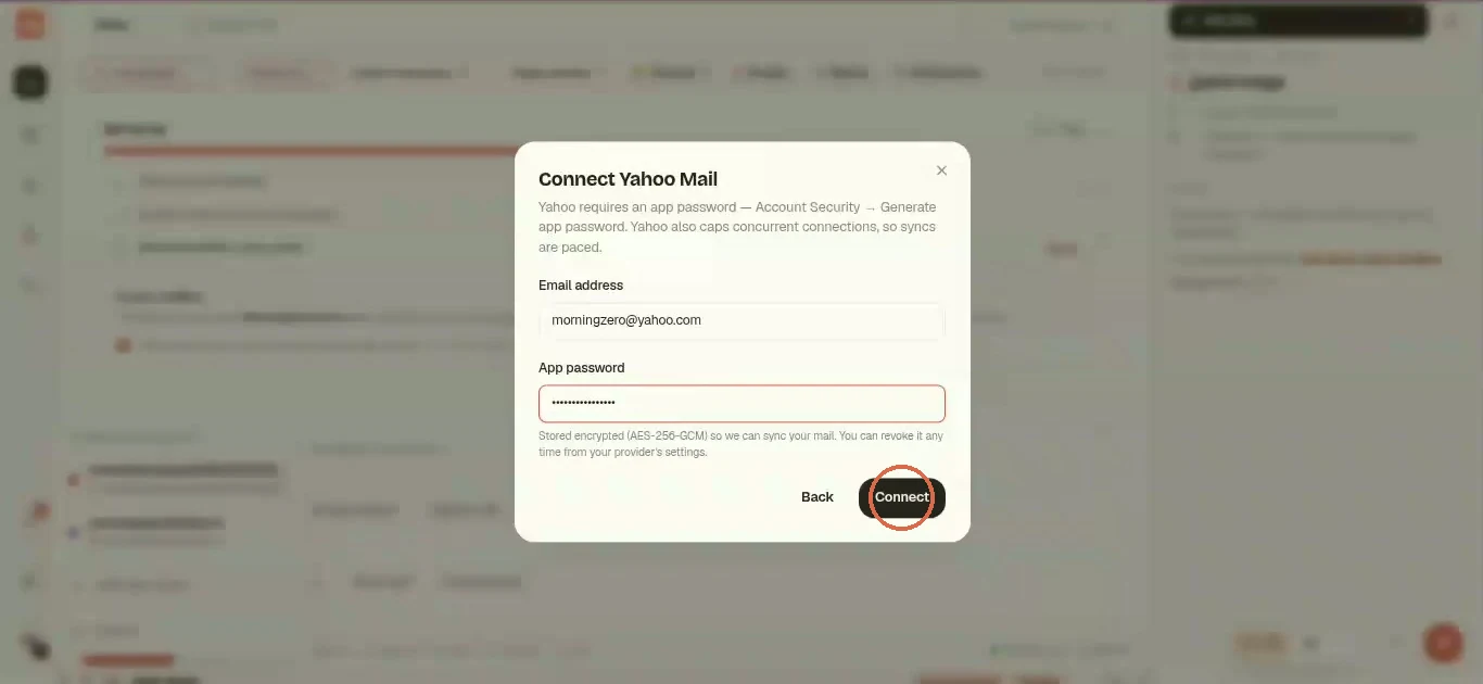 The Connect Yahoo Mail form with the password pasted and Connect circled