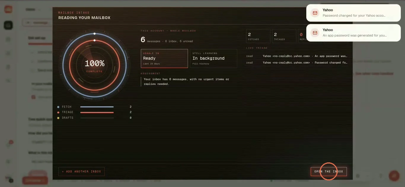 The Mailbox intake screen at 100 percent with Open the inbox circled