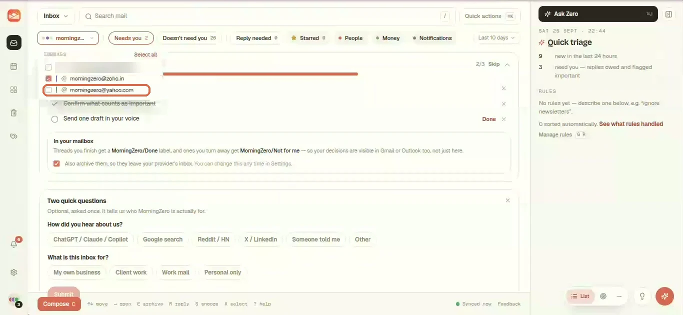 The MorningZero inbox filter listing the Yahoo address among the connected inboxes
