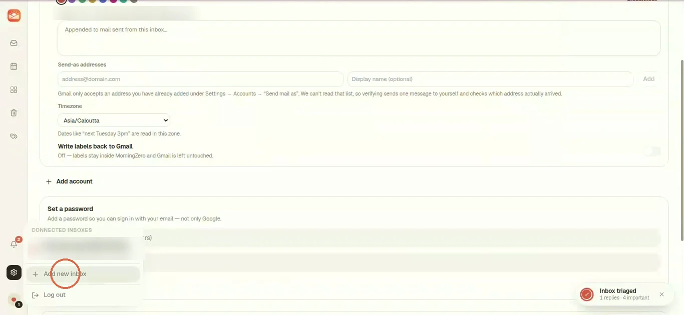 In MorningZero, the inbox switcher is open with Add new inbox circled