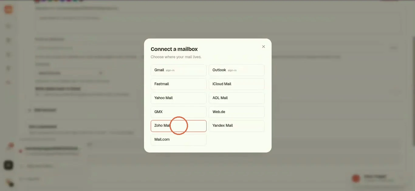 The Connect a mailbox picker with Zoho Mail circled among Gmail, Outlook, Fastmail, iCloud Mail, Yahoo Mail and others
