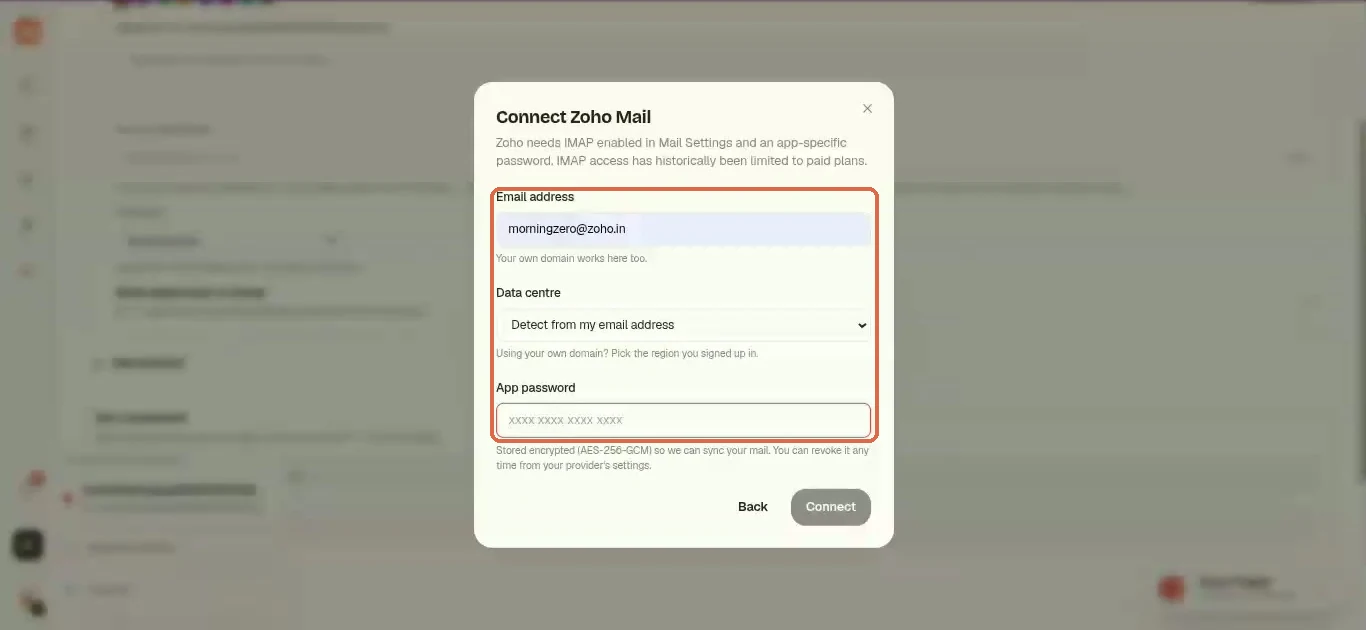 The Connect Zoho Mail form with Email address, Data centre set to Detect from my email address, and an empty App password field