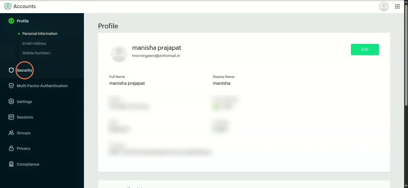 Zoho Accounts profile page with Security circled in the left menu; personal details are blurred