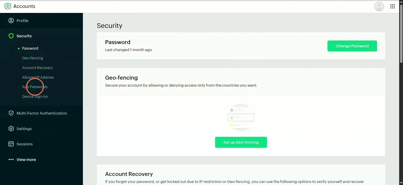 Zoho Accounts Security page with App Passwords circled in the submenu