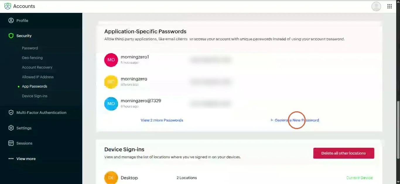The Application-Specific Passwords list with Generate New Password circled; sign-in locations are blurred