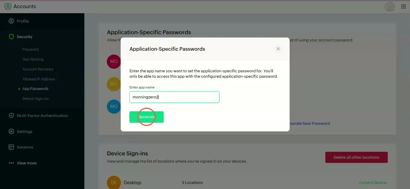 Zoho's Enter app name dialog with a name typed and the Generate button circled