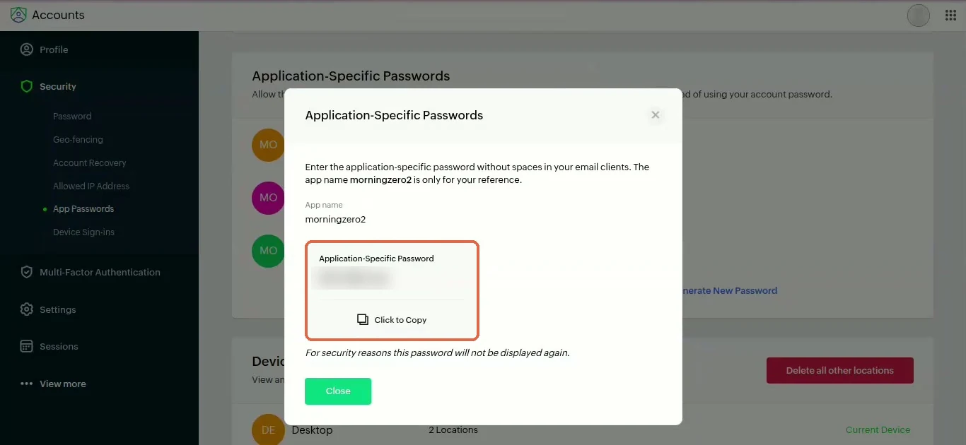 Zoho showing the new application-specific password, blurred, with Click to Copy circled