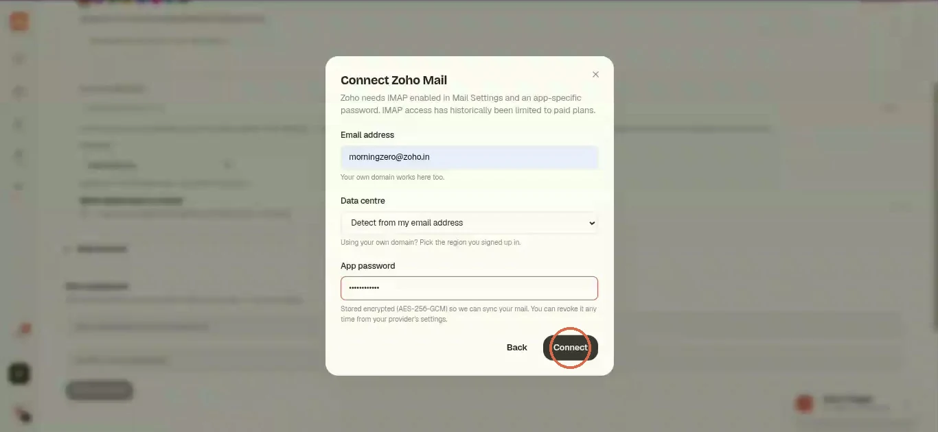 The Connect Zoho Mail form with the app password pasted and Connect circled