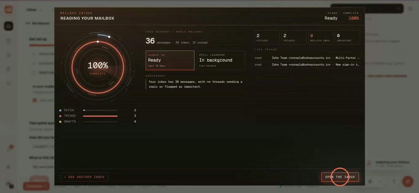 The Mailbox intake screen at 100 percent, showing Usable in: Ready, last 15 days, and Still learning: in background, with Open the inbox circled