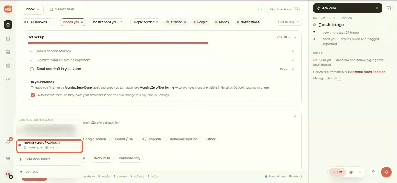 The MorningZero inbox switcher listing the Zoho address among the connected inboxes